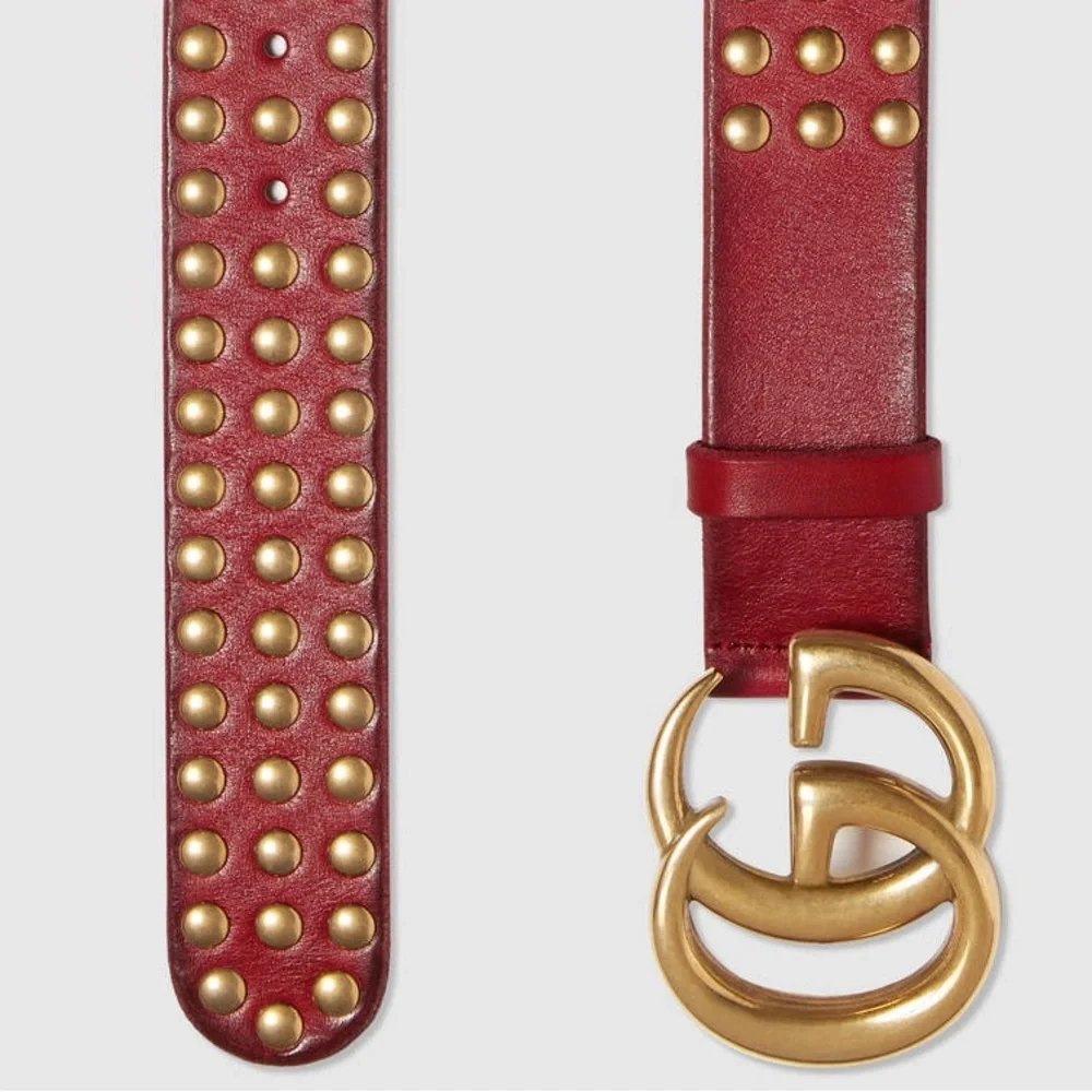 RARE GUCCI MARMONT GG LOGO RED LEATHER STUDDED BELT - Picture 2 of 11